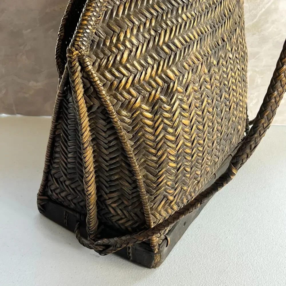 Vintage Ifugao Natural Carved Woven Wicker Basket Backpack From the Philippines
